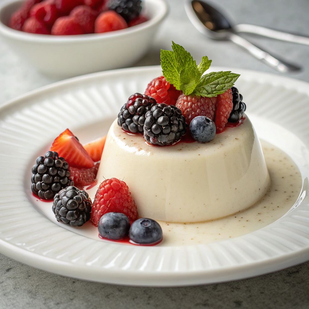 gluten-free vanilla panna cotta made with coconut and almond milk, garnished with fresh berries