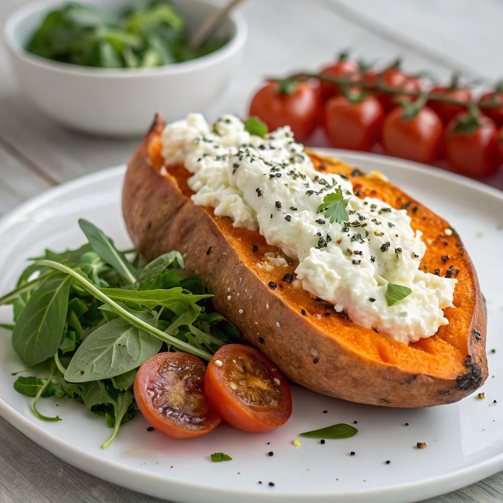 Baked Sweet Potato with Cottage Cheese - A nutritious spring lunch idea