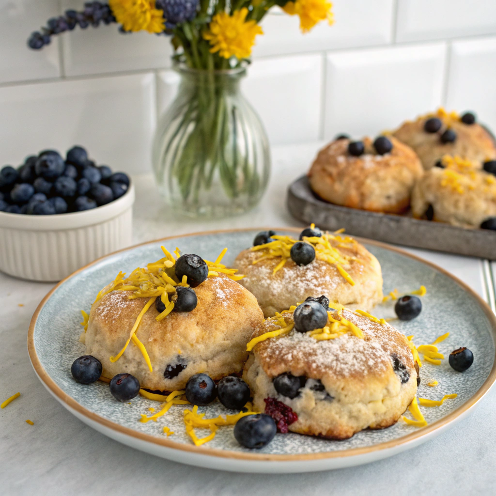 Blueberry scones recipe with lemon zest garnished with fresh blueberries.
