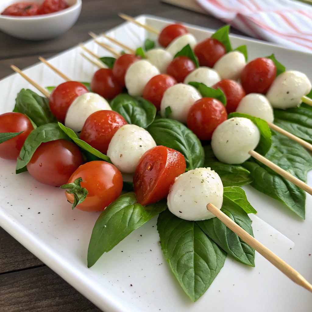 Colorful skewers with mozzarella and tomatoes