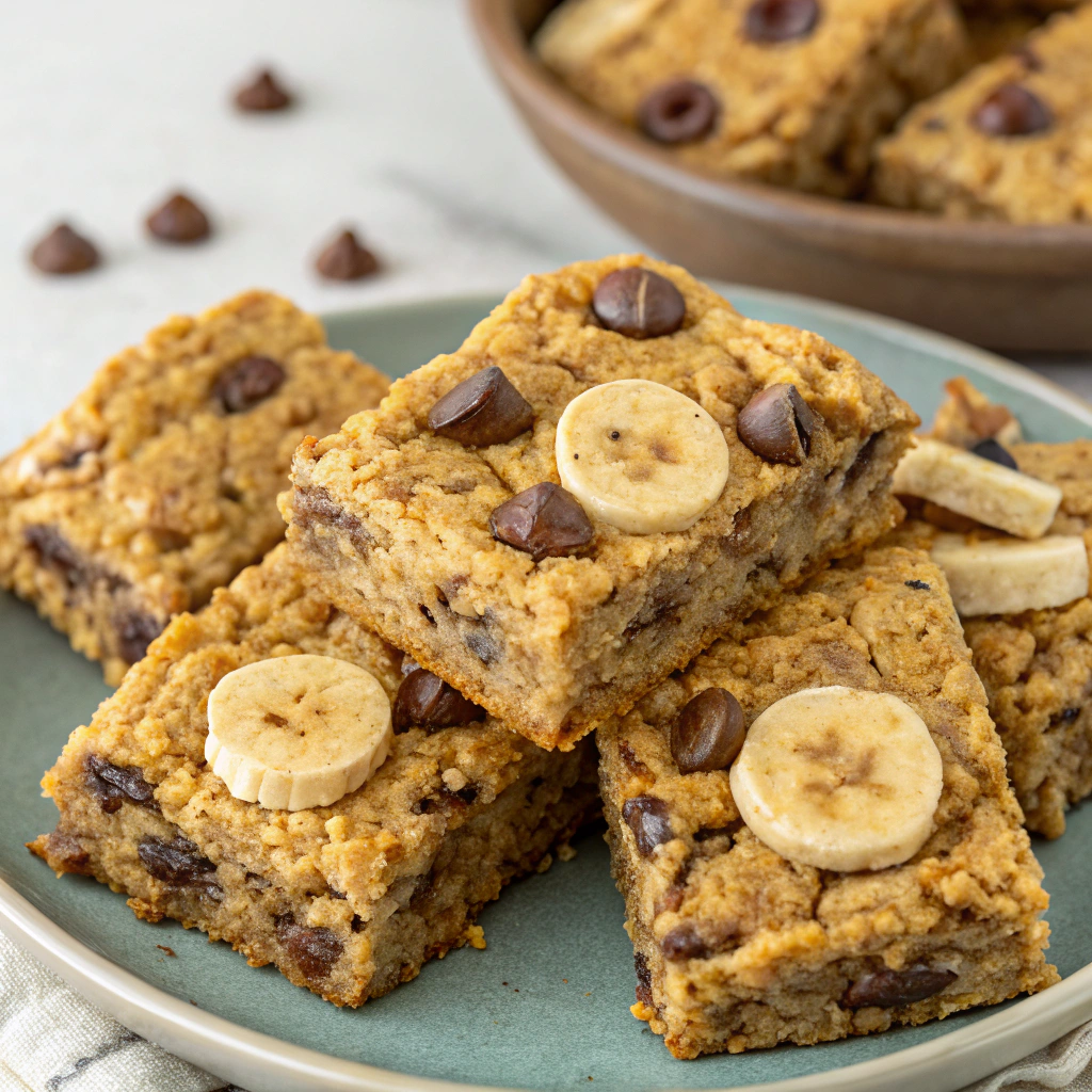 Chewy banana chocolate chip oatmeal bars ready to eat..Banana and Chocolate Chip Baked Desserts
