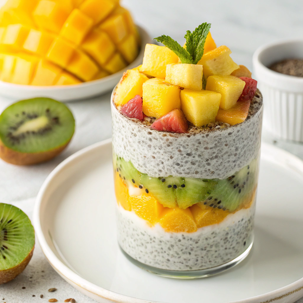 Chia seed pudding layered with tropical fruits for a stunning Morning Breakfast Aesthetics.