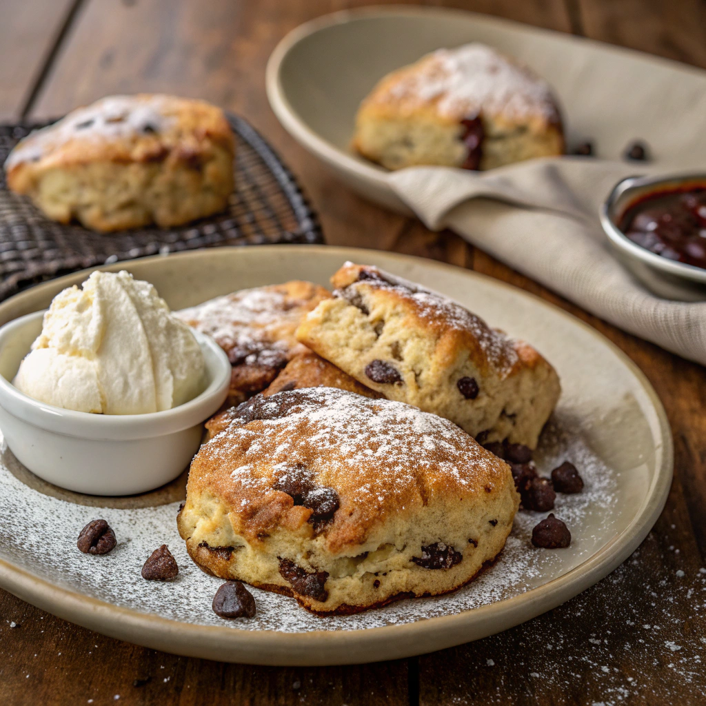 Chocolate chip scones recipe served warm, ideal for a sweet treat.