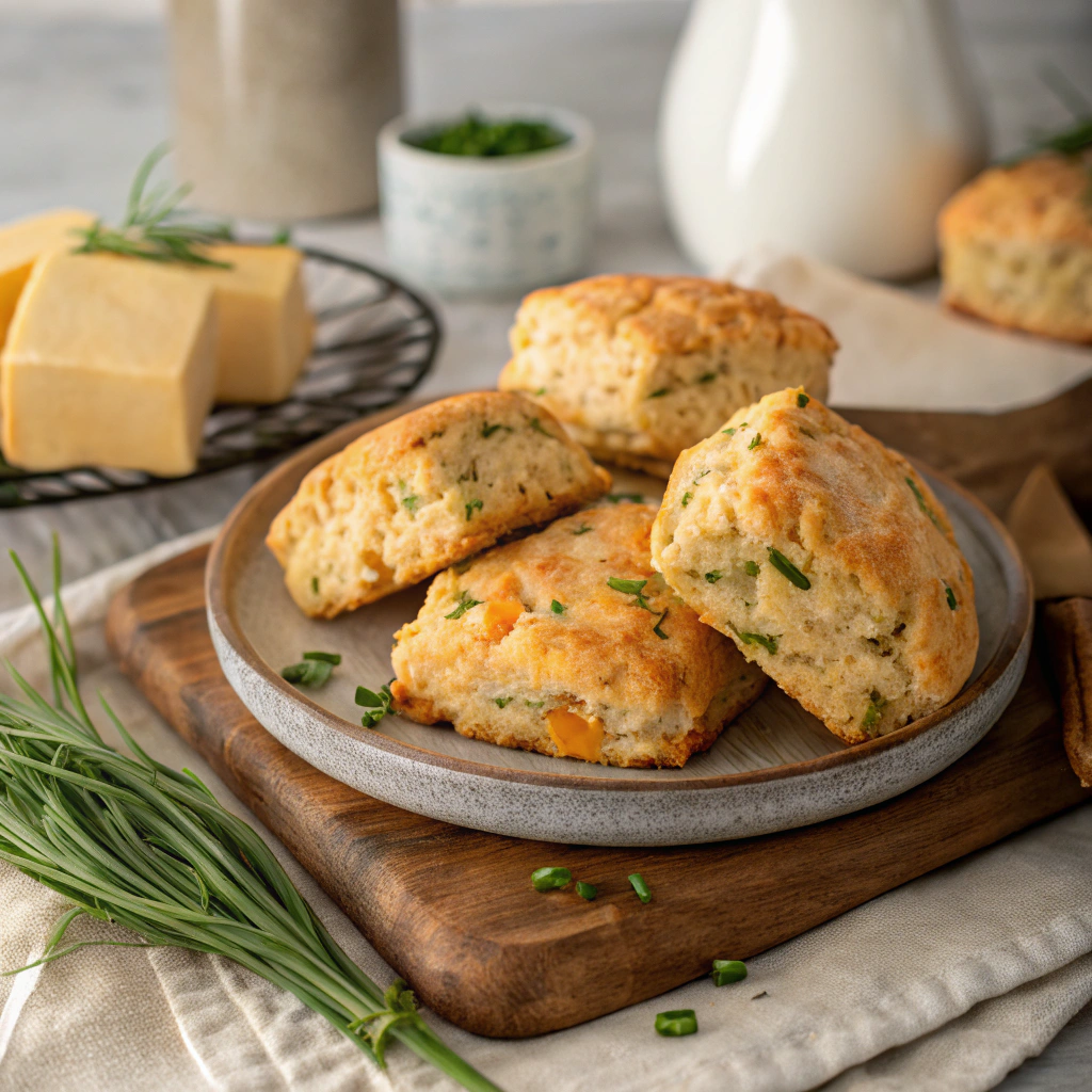 Cheddar and chive scones recipe presented as a hearty snack or brunch option.
