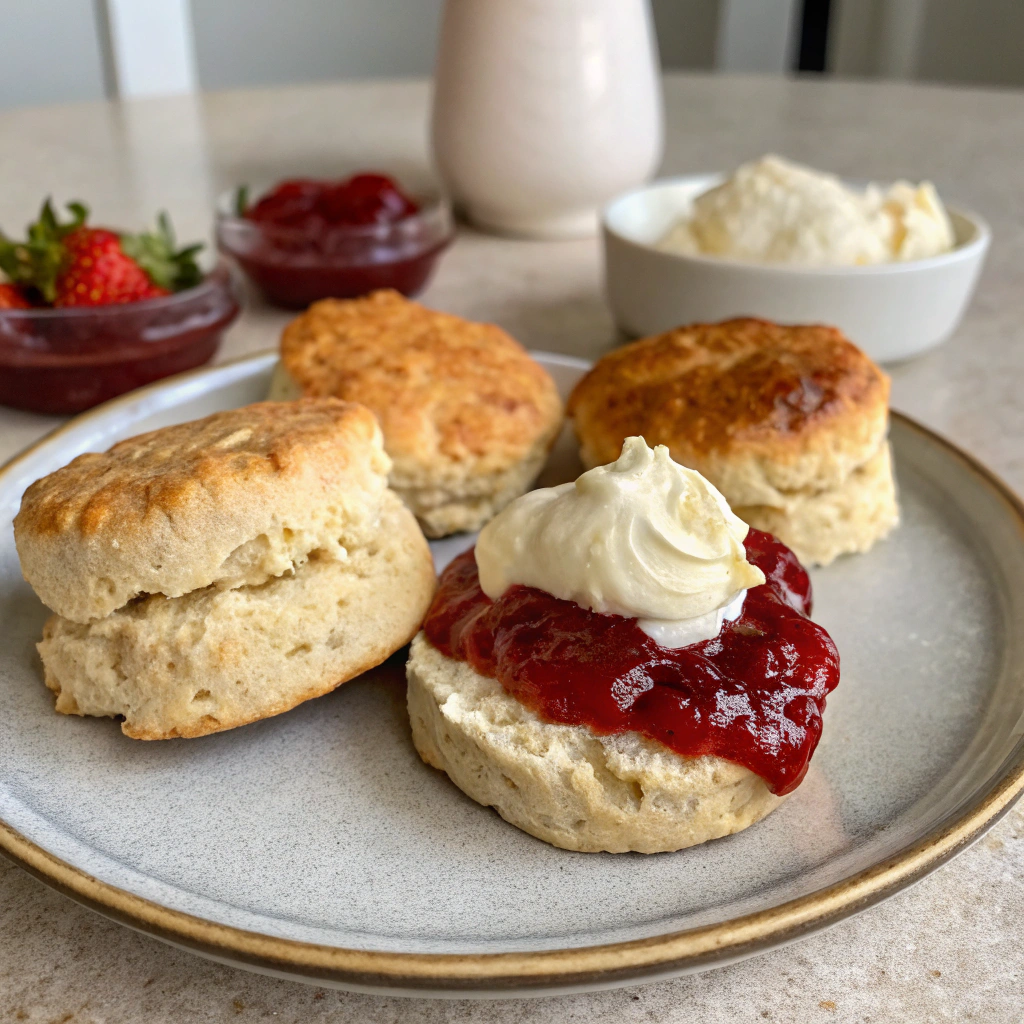 Classic English scones recipe displayed with clotted cream and strawberry jam.