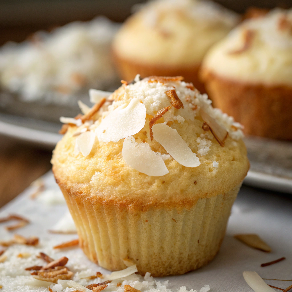 Close-up of a fluffy coconut muffin displaying its texture and golden crust.
