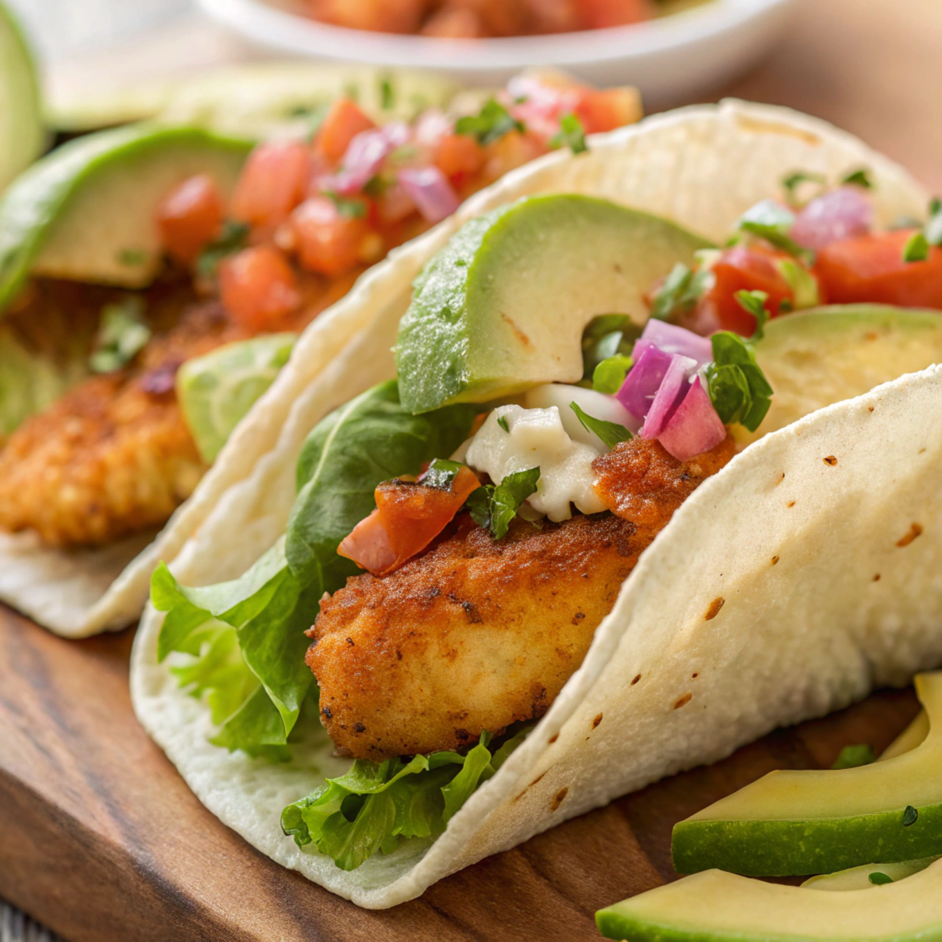 Close-up of fish tacos recipe highlighting toppings and textures.