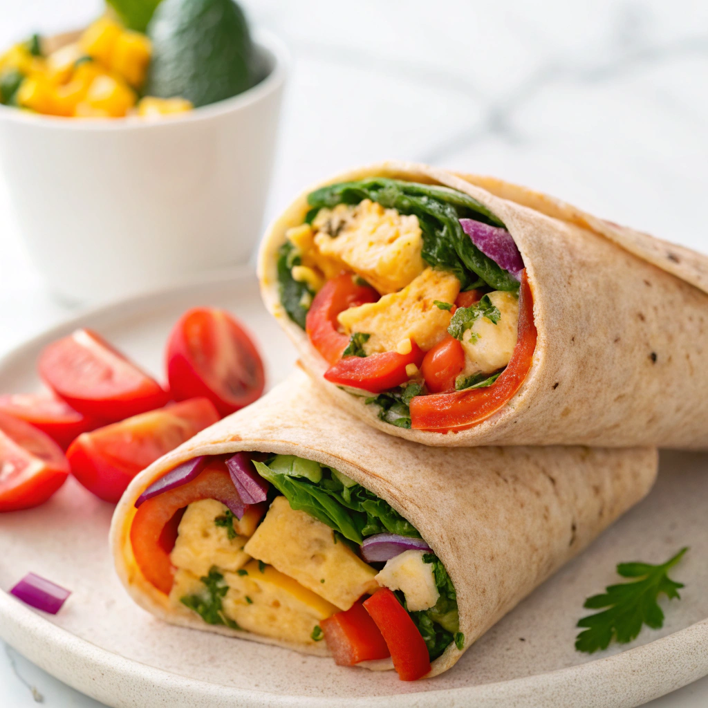 Colorful egg and veggie breakfast wrap emphasizing Morning Breakfast Aesthetics.