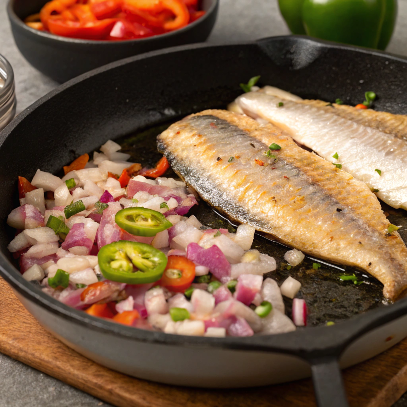 Cooking fish for fish tacos recipe in a skillet.