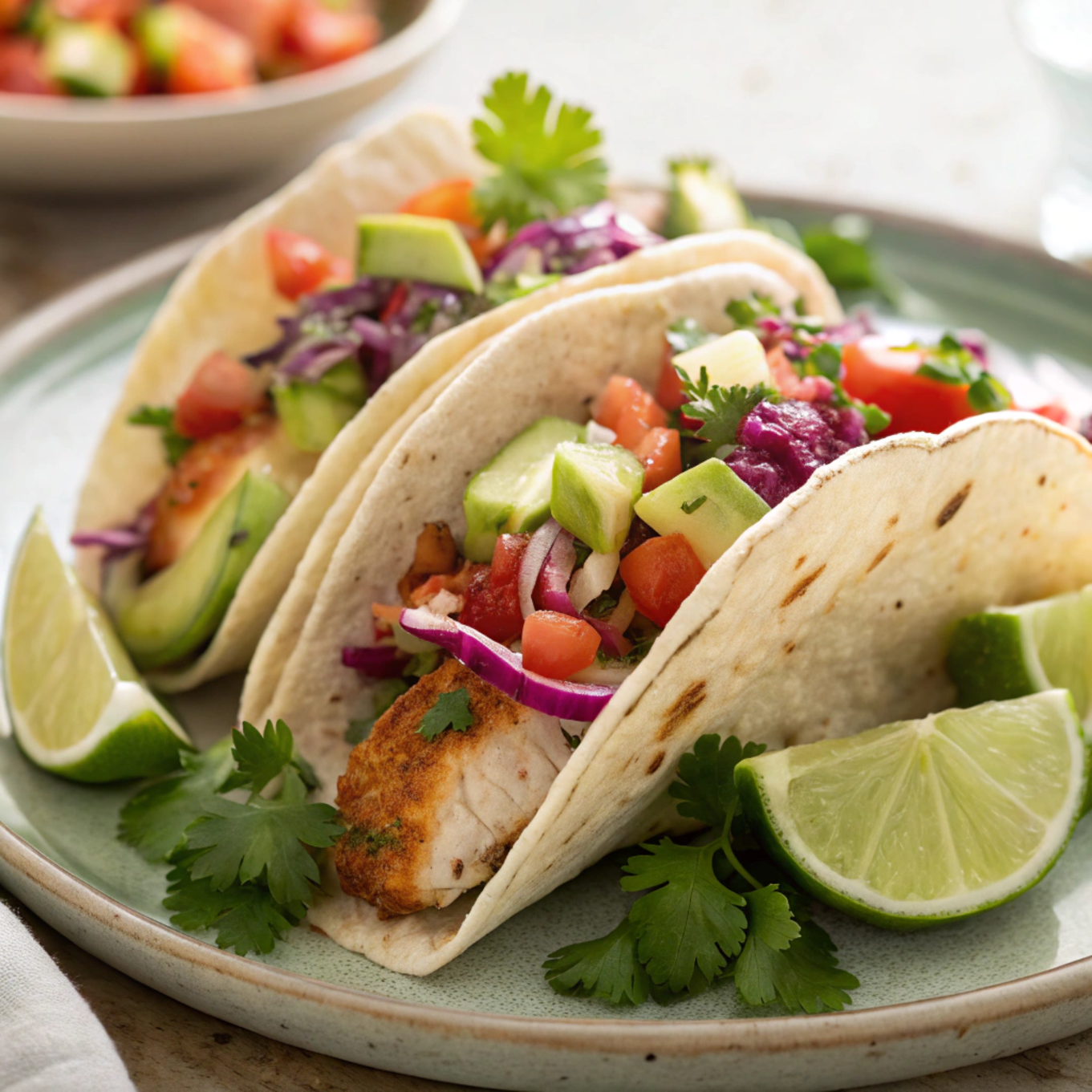 Deliciously served fish tacos recipe topped with fresh toppings.