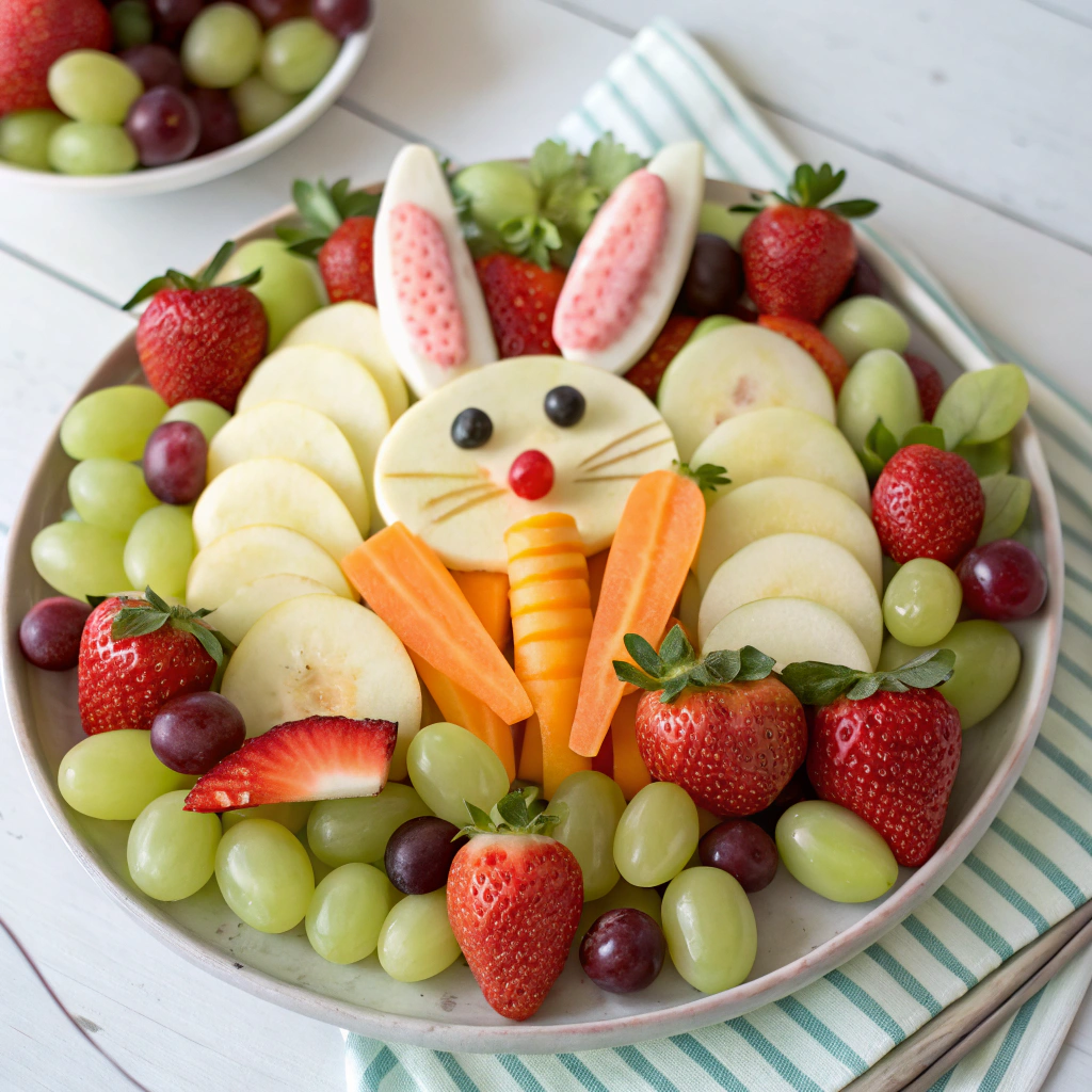 Easter Bunny fruit platter as a creative finger food idea.