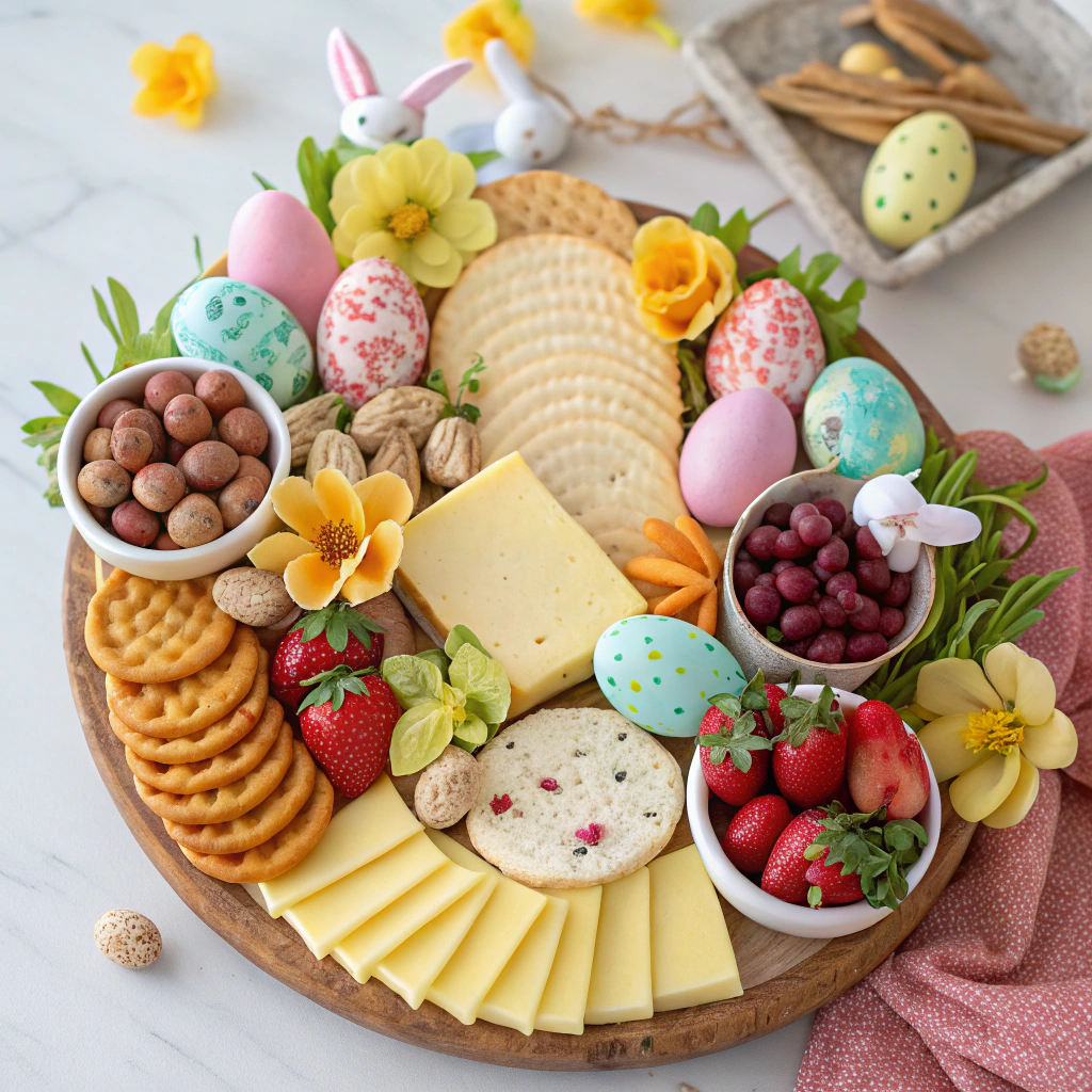 Easter-themed cheese and charcuterie board with diverse offerings.