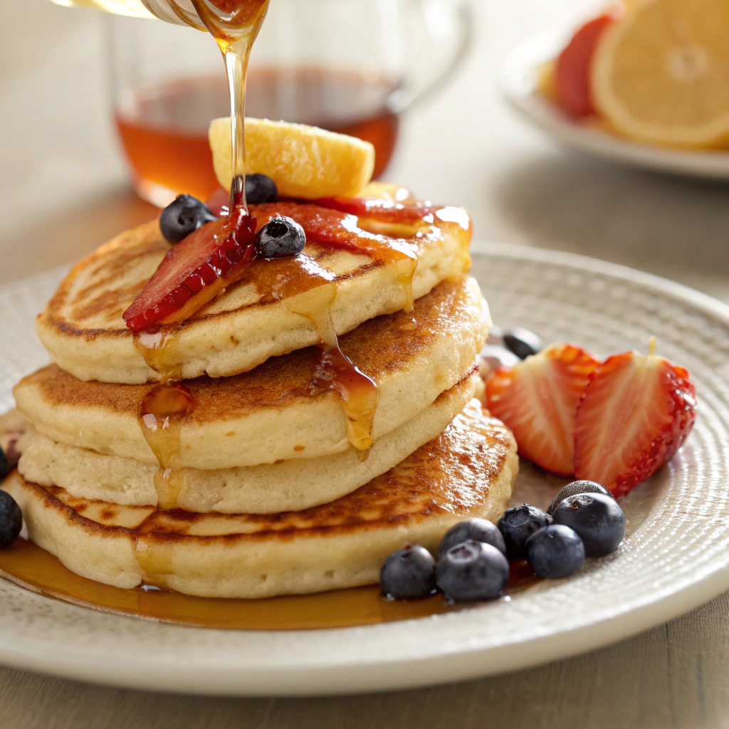 Fluffy pancakes beautifully arranged with syrup and fresh fruit for Morning Breakfast Aesthetics.
