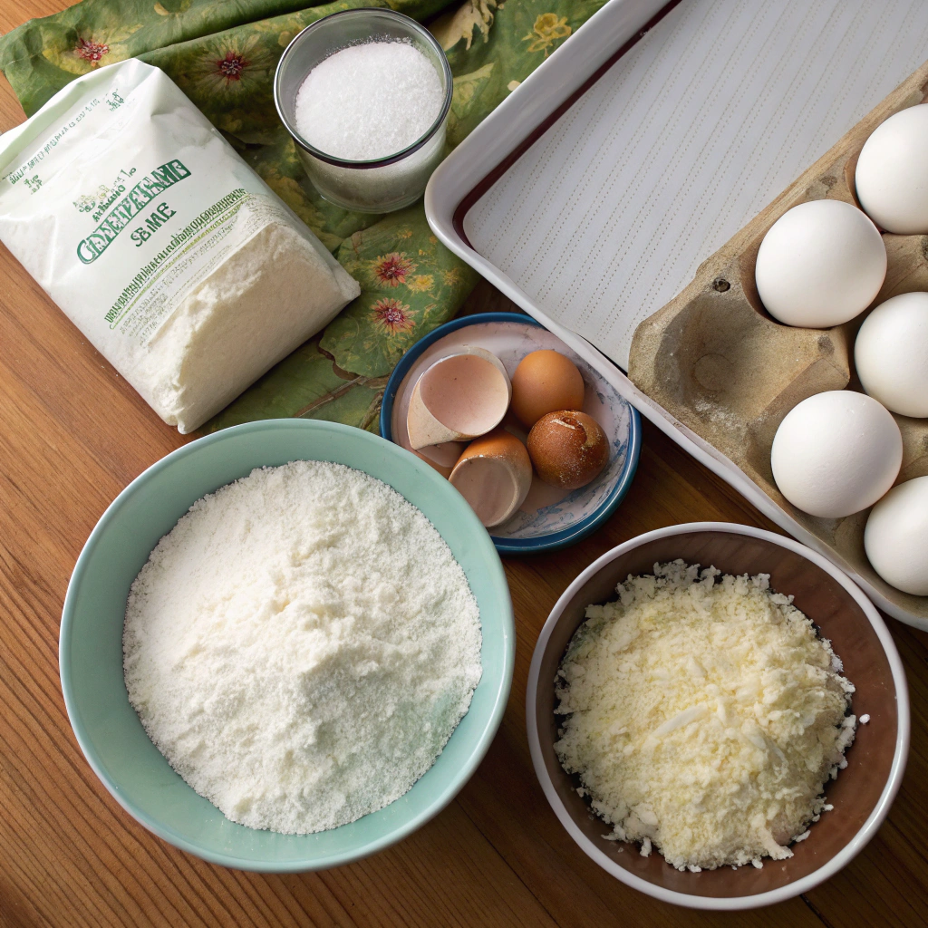 Fresh ingredients for coconut muffins, including flour, sugar, shredded coconut, and eggs.