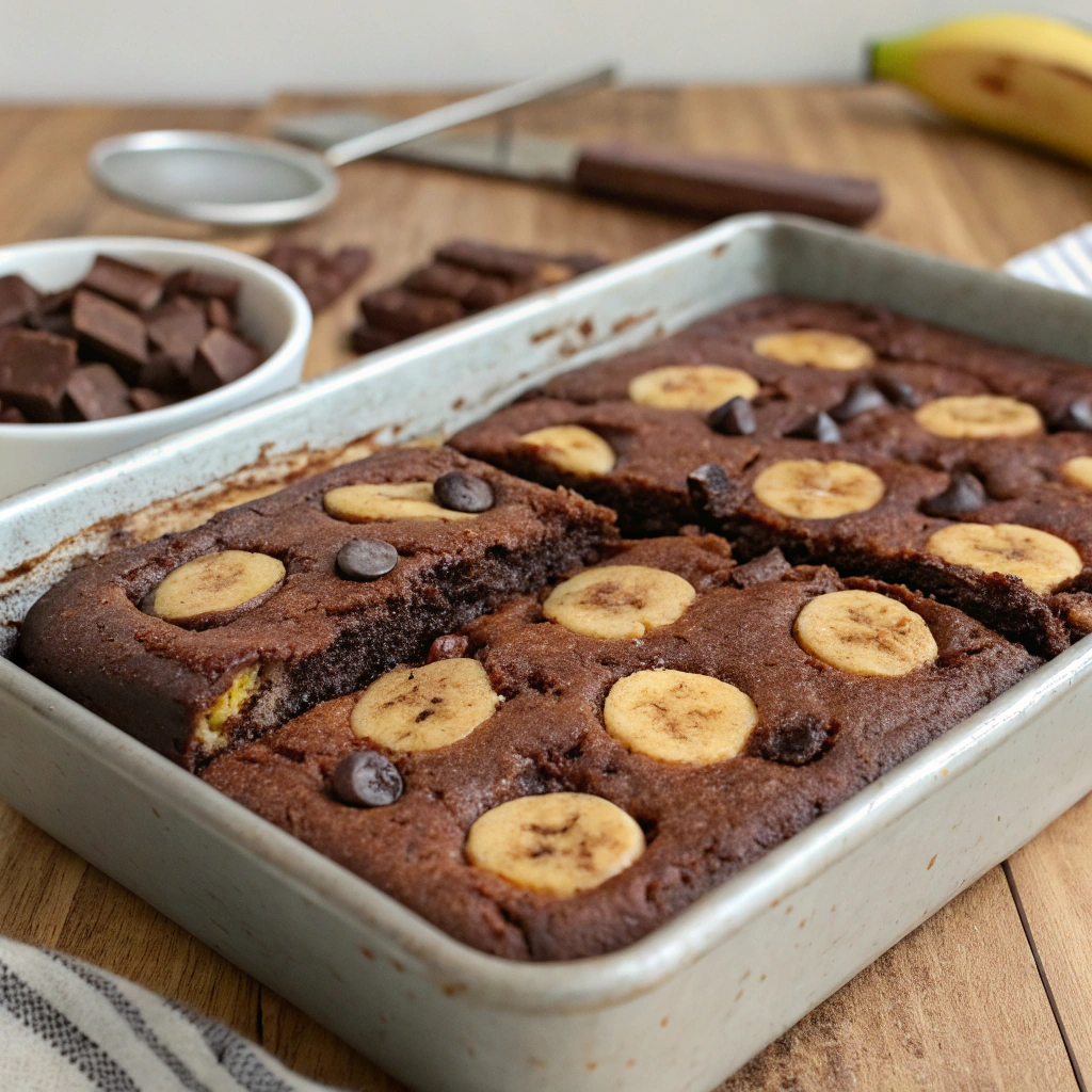 Fudgy banana chocolate chip brownies fresh from the oven.Banana and Chocolate Chip Baked Desserts