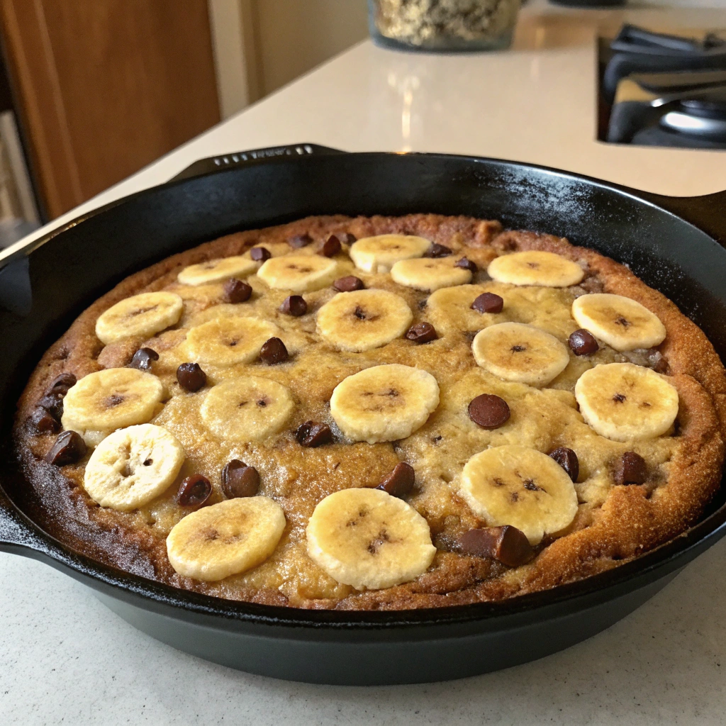 Giant banana chocolate chip skillet cookie served warm and gooey..Banana and Chocolate Chip Baked Desserts