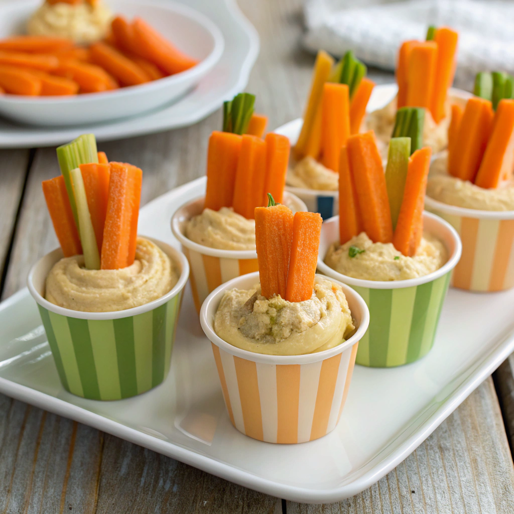 Healthy carrot and hummus cups showcasing Easter finger food ideas.
