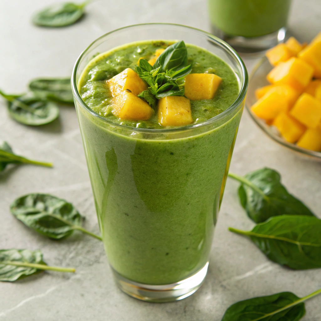 Healthy Mango Spinach Smoothie with green color.