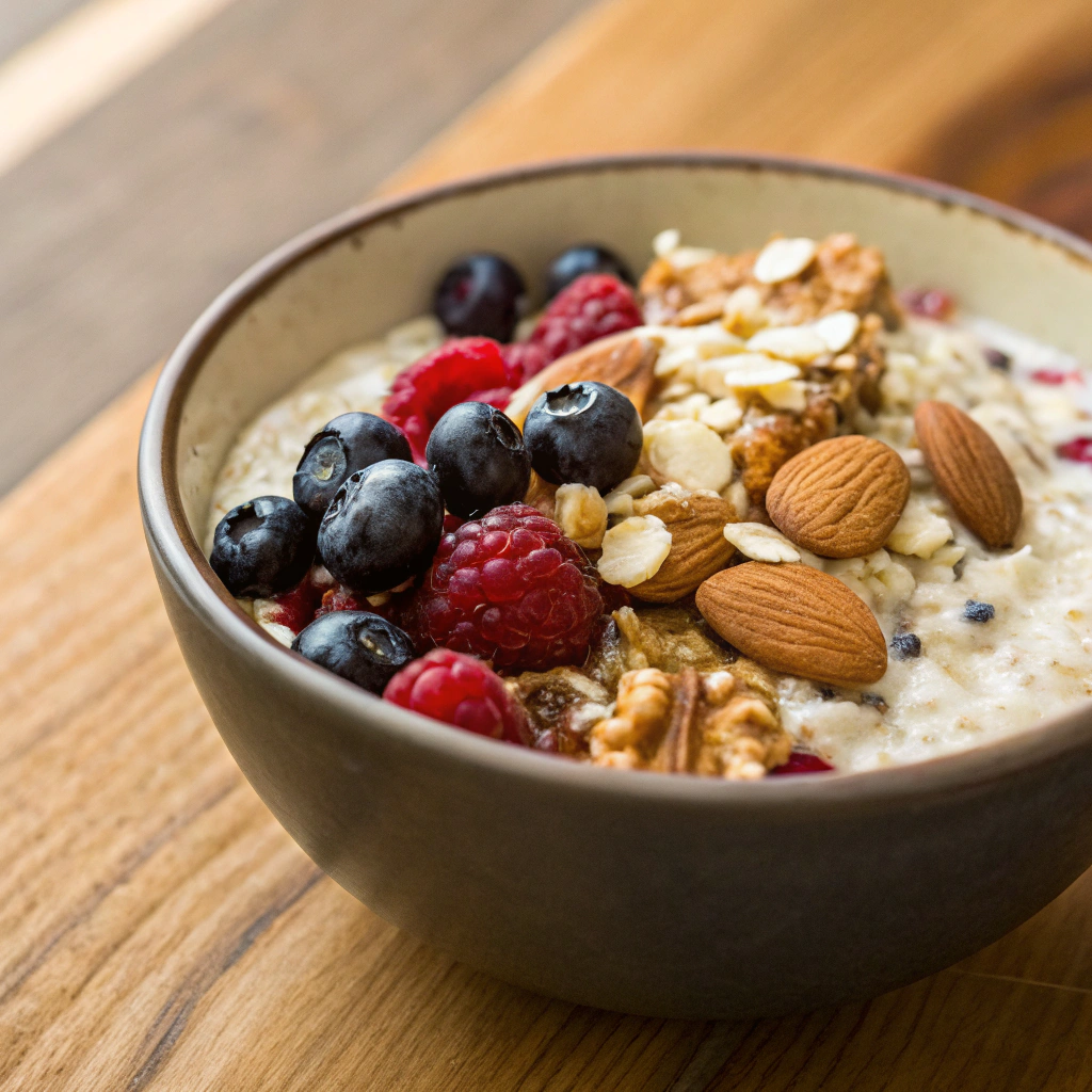 Layered overnight oats with nuts and fruits showcasing Morning Breakfast Aesthetics.