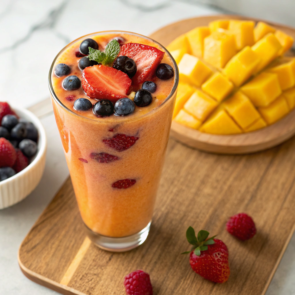 Mango Berry Smoothie with colorful berries.