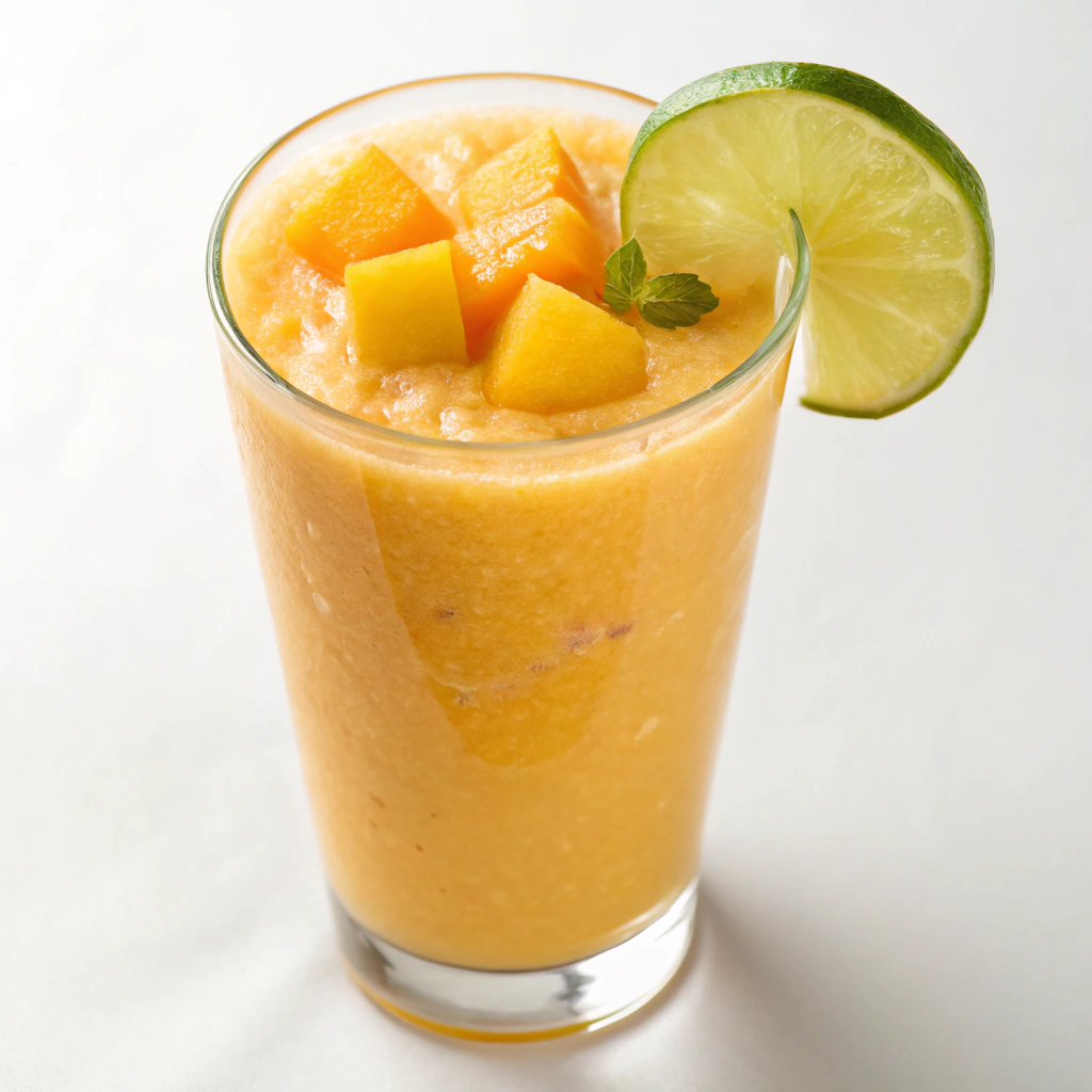 Mango Coconut Water Smoothie served with a slice of lime.
