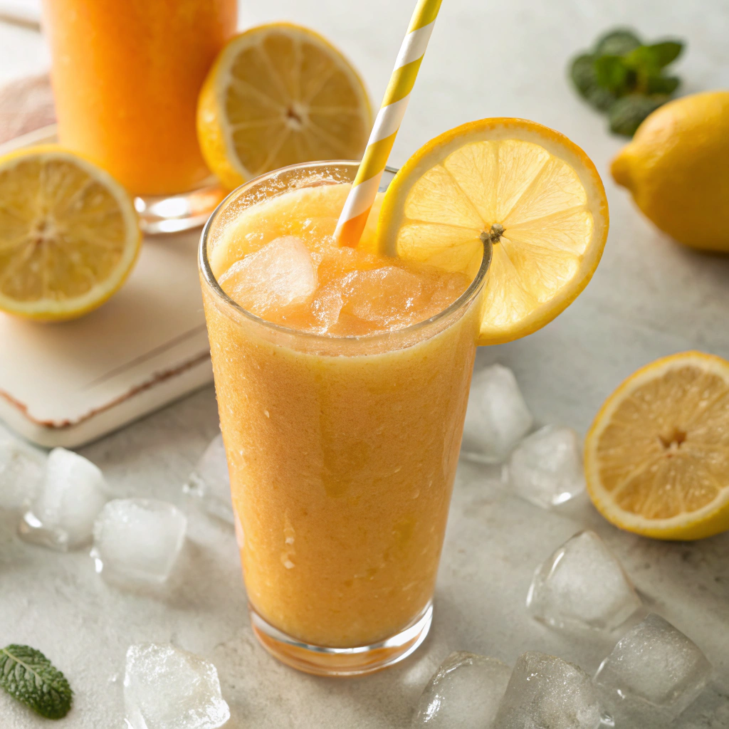 Mango Lemonade Smoothie served with lemon slices.