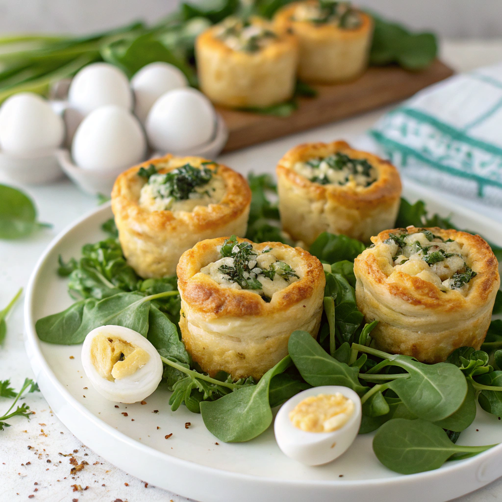 Mini spinach and feta puffs as delightful Easter finger food ideas.