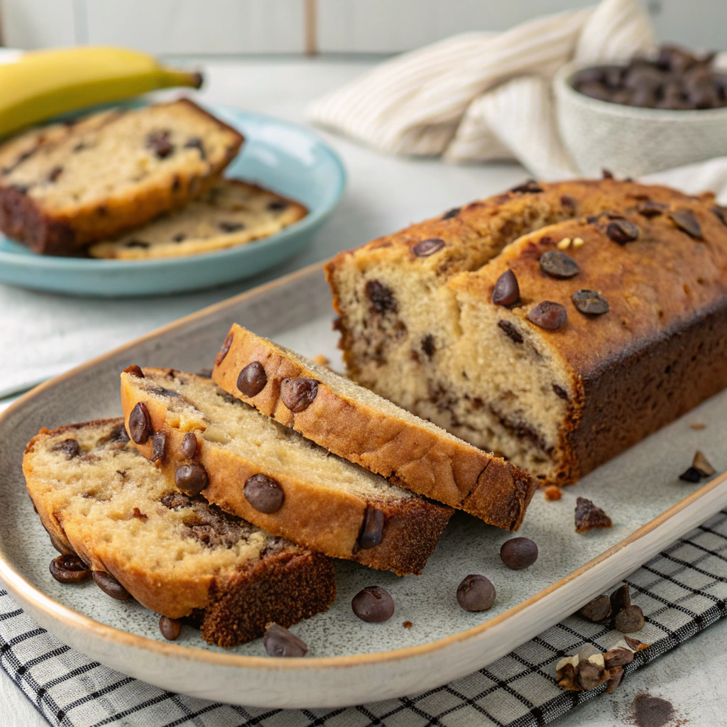 Moist banana chocolate chip loaf cake sliced for serving.
