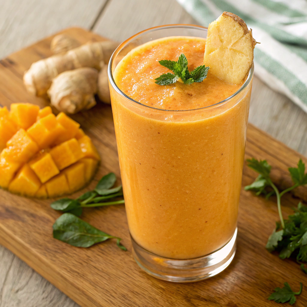 Spicy Mango Ginger Smoothie with ginger garnish.