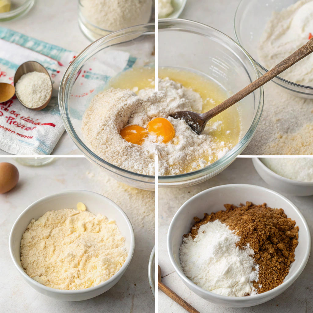 Step-by-step preparation process of coconut muffins being mixed in a bowl.