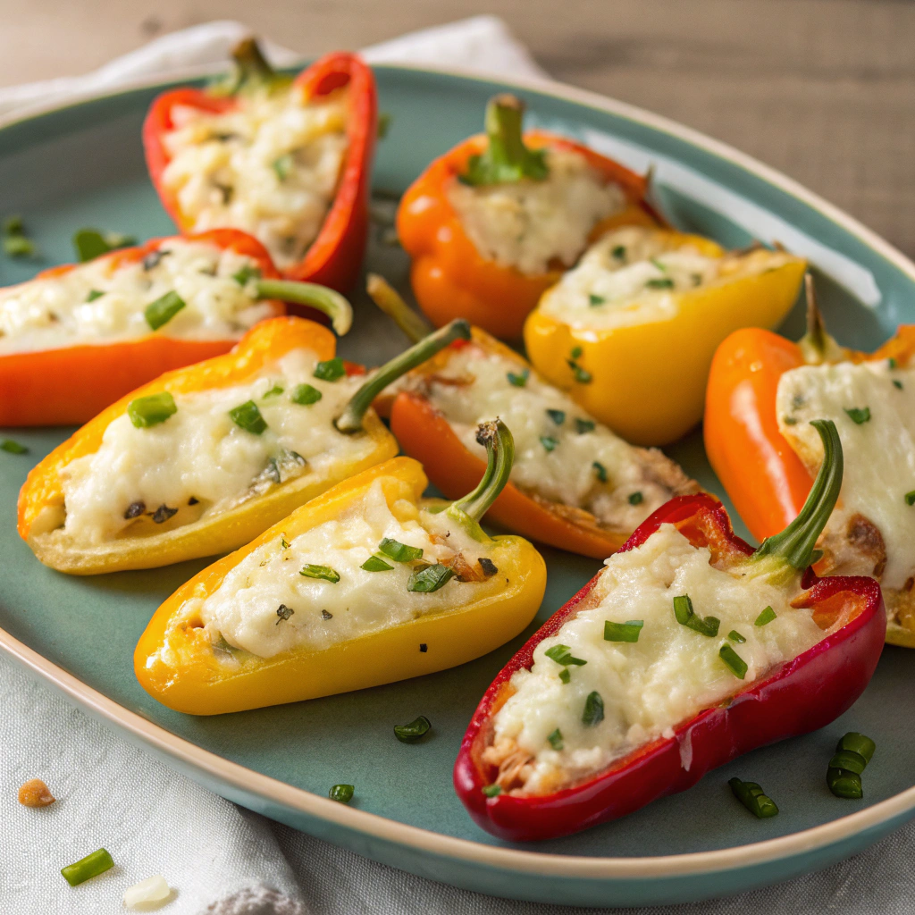 Stuffed mini peppers filled with cheese as Easter finger food ideas.