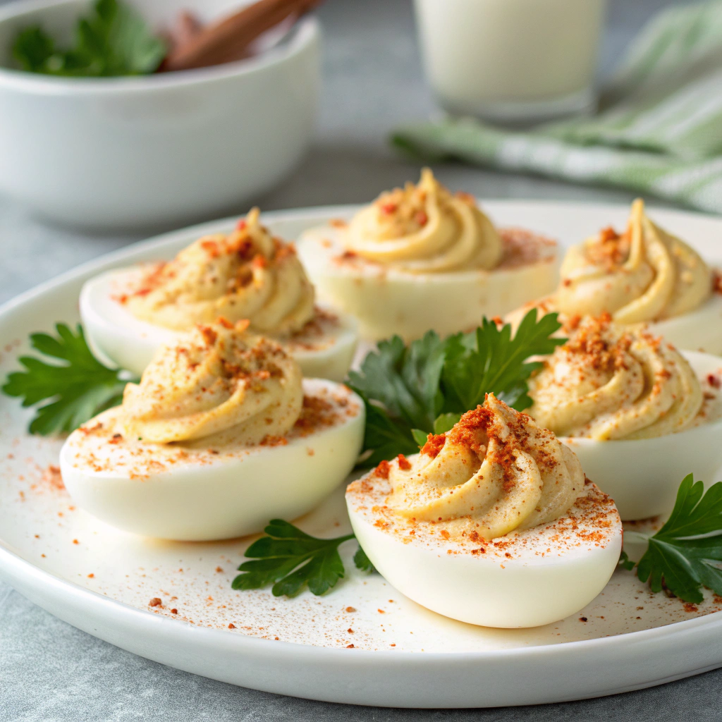 Deviled eggs with sriracha topping showcasing Easter finger food ideas.