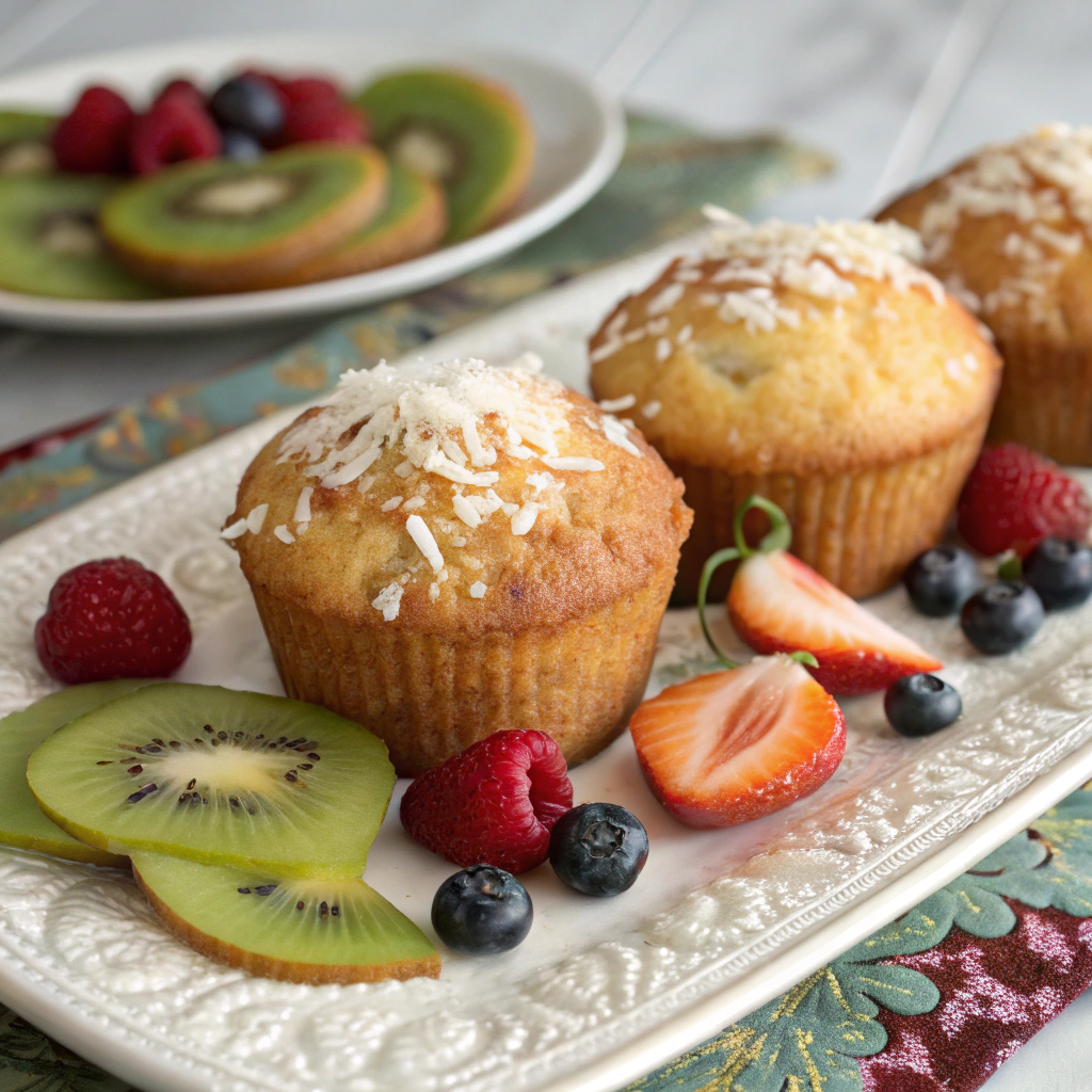 Warm coconut muffins served on a beautiful plate with fresh fruit.