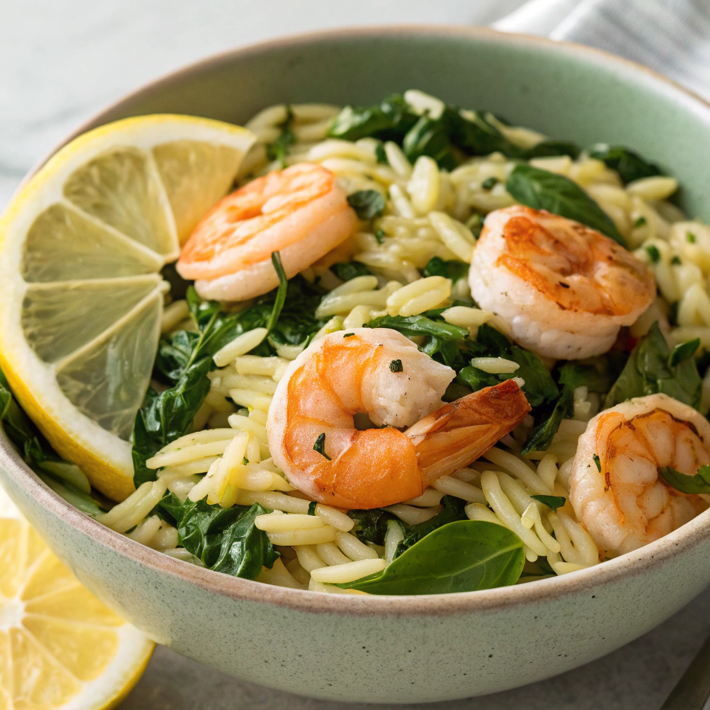 A bowl of Healthy Shrimp and Spinach Orzo, featuring shrimp, fresh spinach, and orzo pasta with lemon.