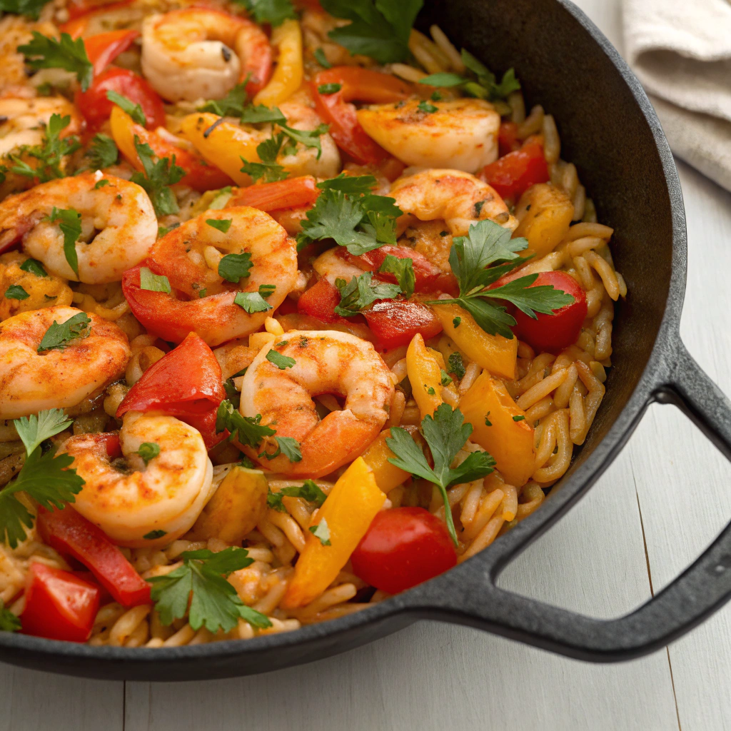 A colorful Spicy Shrimp Orzo Skillet, filled with shrimp, orzo, diced tomatoes, and bell peppers, garnished with parsley.Shrimp and Orzo Recipes