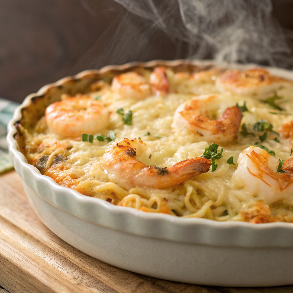 A comforting Shrimp and Orzo Bake topped with melted cheese and baked to perfection.