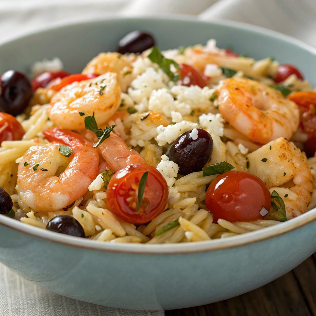 A Mediterranean Orzo with Shrimp, blending shrimp, orzo, tomatoes, olives, and feta cheese.
