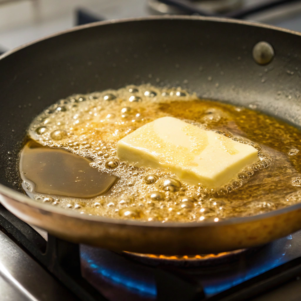 Melting butter in a non-stick skillet for scrambled eggs