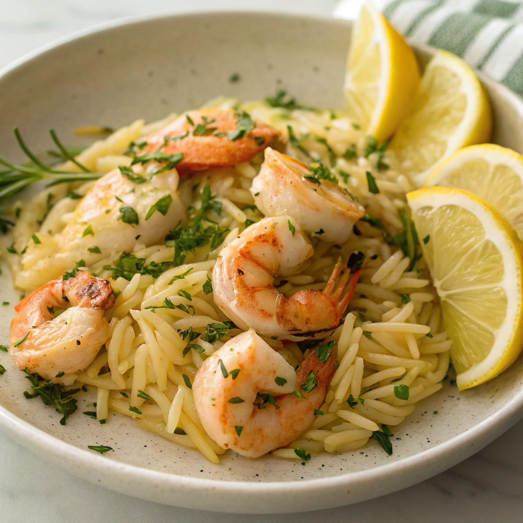 A plate of Lemon Garlic Shrimp Orzo, showcasing shrimp sautéed in garlic and lemon with fluffy orzo pasta.Bright and zesty Lemon Garlic Shrimp Orzo.Shrimp and Orzo Recipes