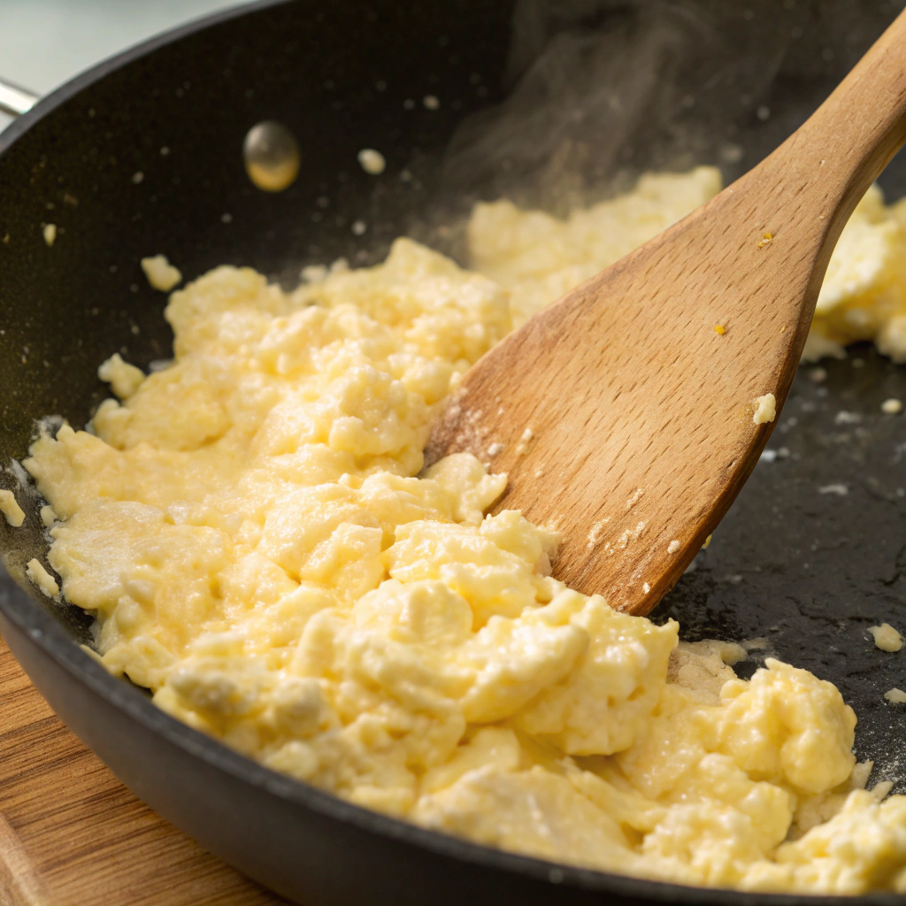 Gently stirring scrambled eggs in a skillet