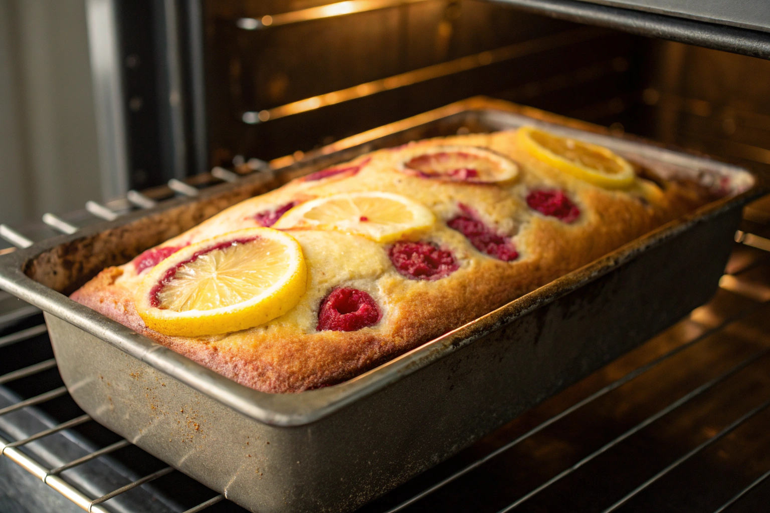 Baking the Best Lemon Raspberry Loaf Cake in the oven, rising perfectly.