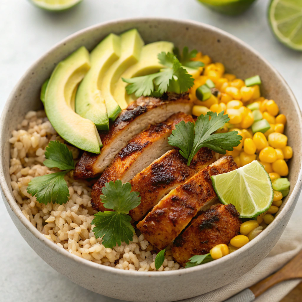 BBQ Chicken Bowl with brown rice, corn, and avocado.