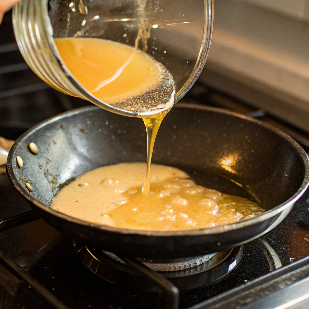 Pouring whisked eggs into the skillet for cooking