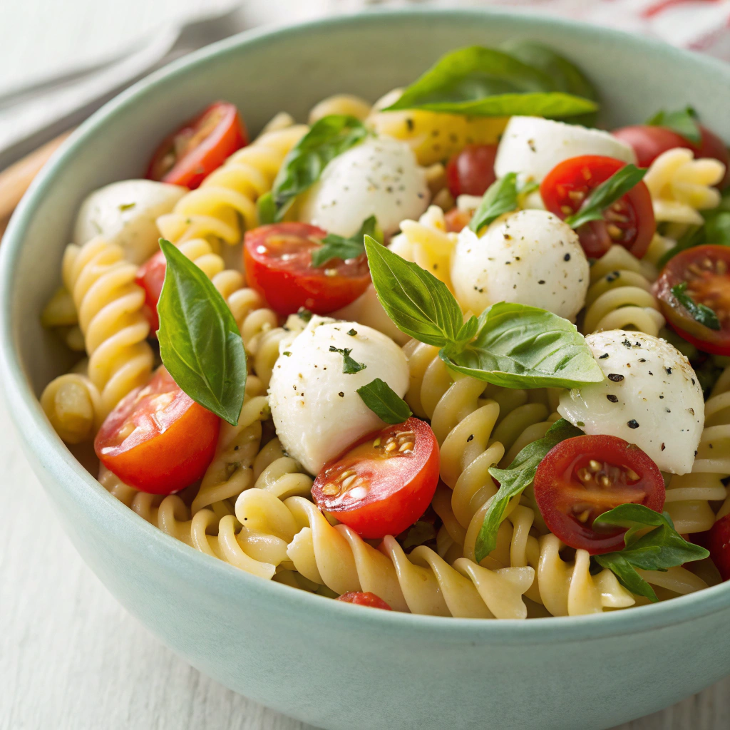 Caprese pasta salad: a refreshing cookout side dish with mozzarella and tomatoes