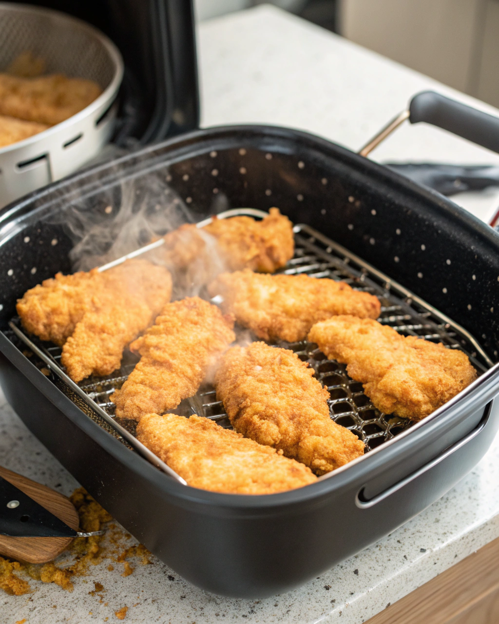 Chicken tenders cooking in an air fryer basket.