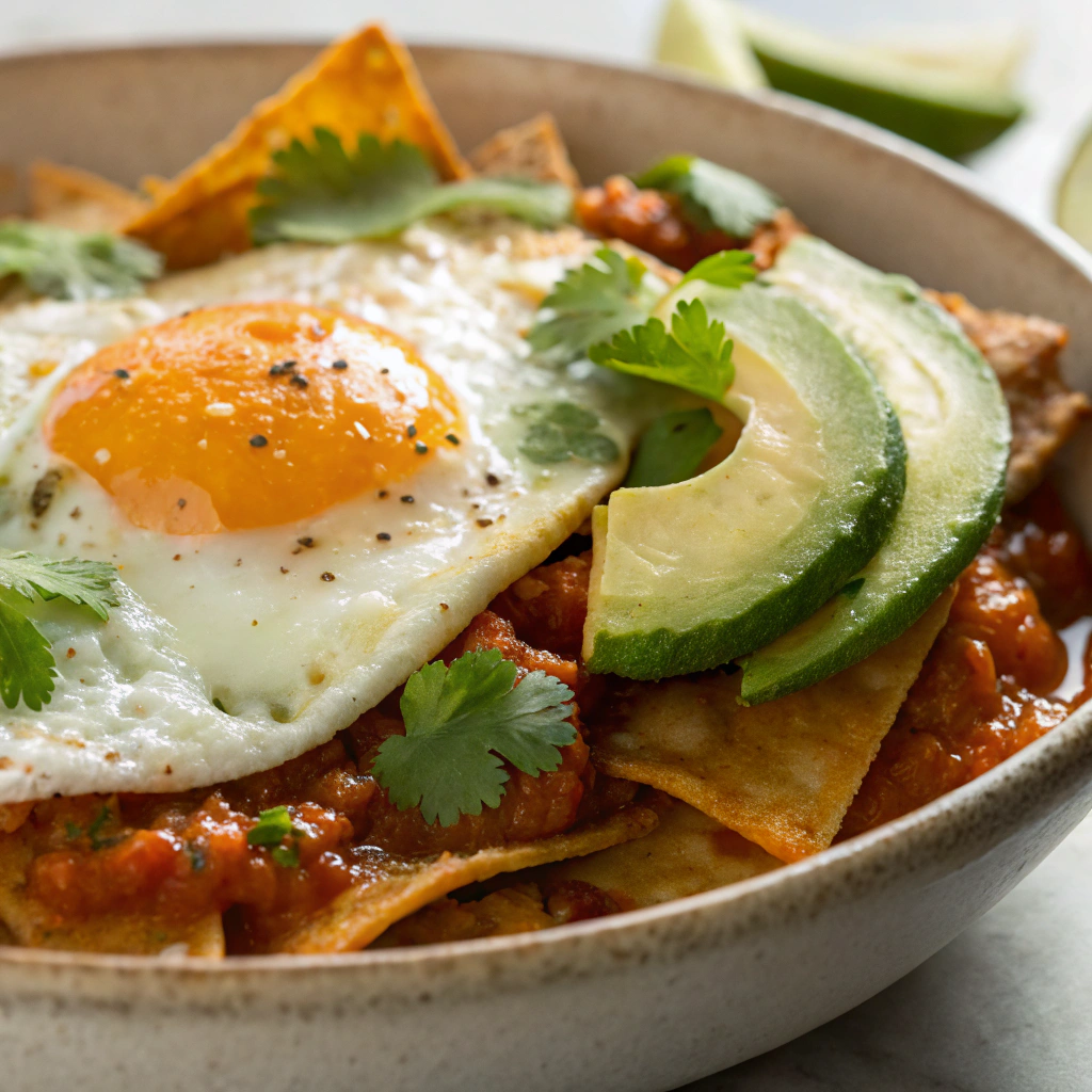 Chilaquiles topped with a fried egg, avocado, and cilantro, showcasing delicious Mexican Breakfast Recipes.