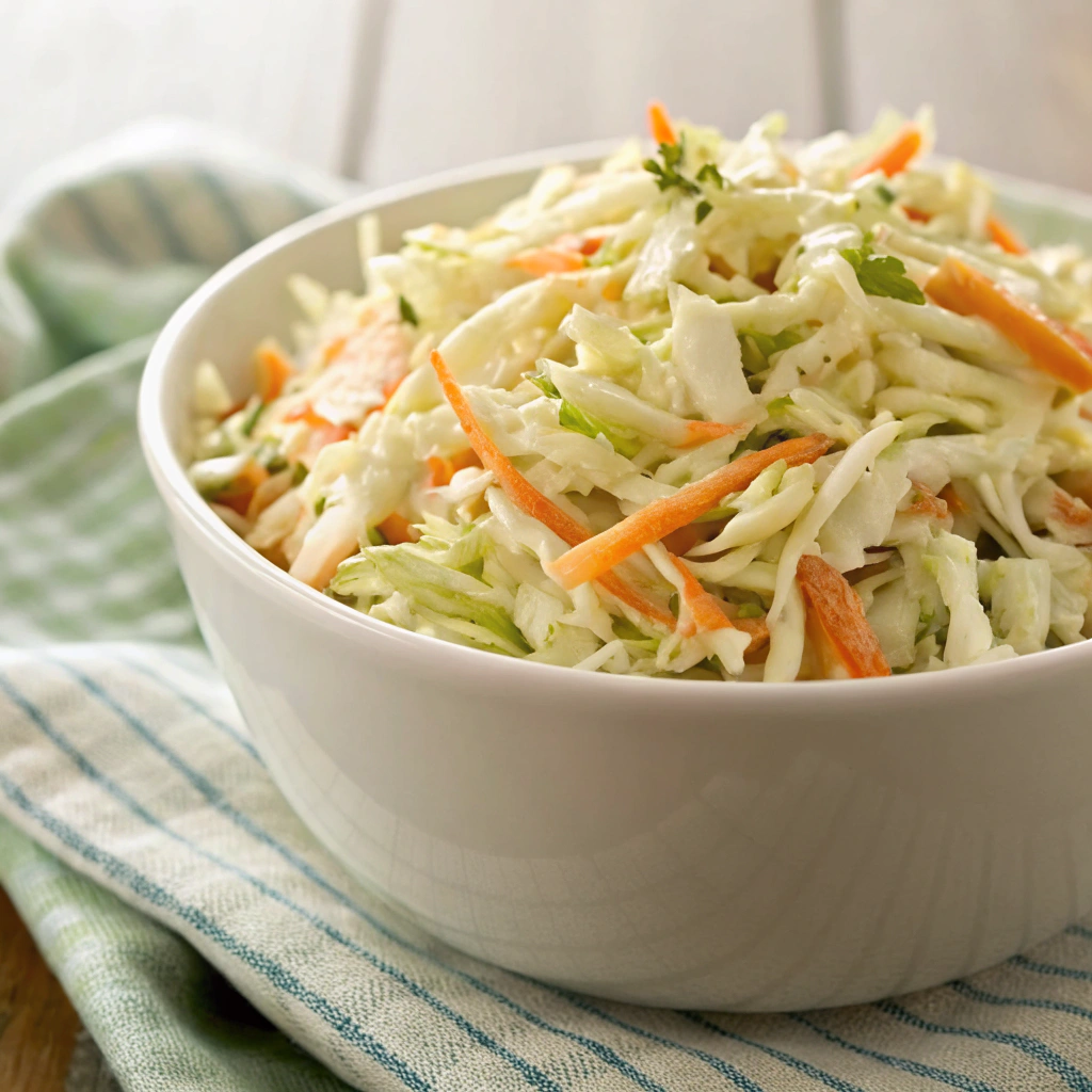 Classic coleslaw: a refreshing cookout side dish with crunchy cabbage and carrots.Cookout Side Dishes