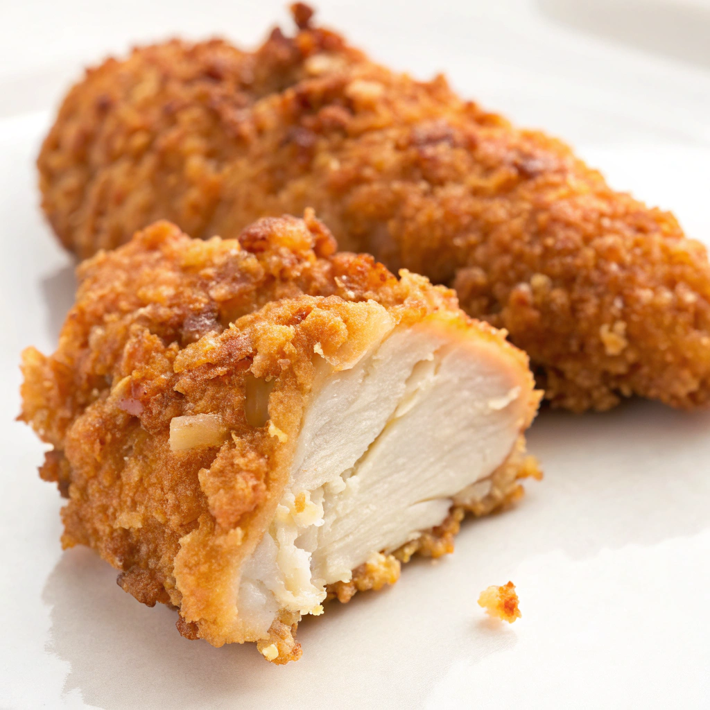 Close-up view of a crispy air fryer chicken tender showing its texture