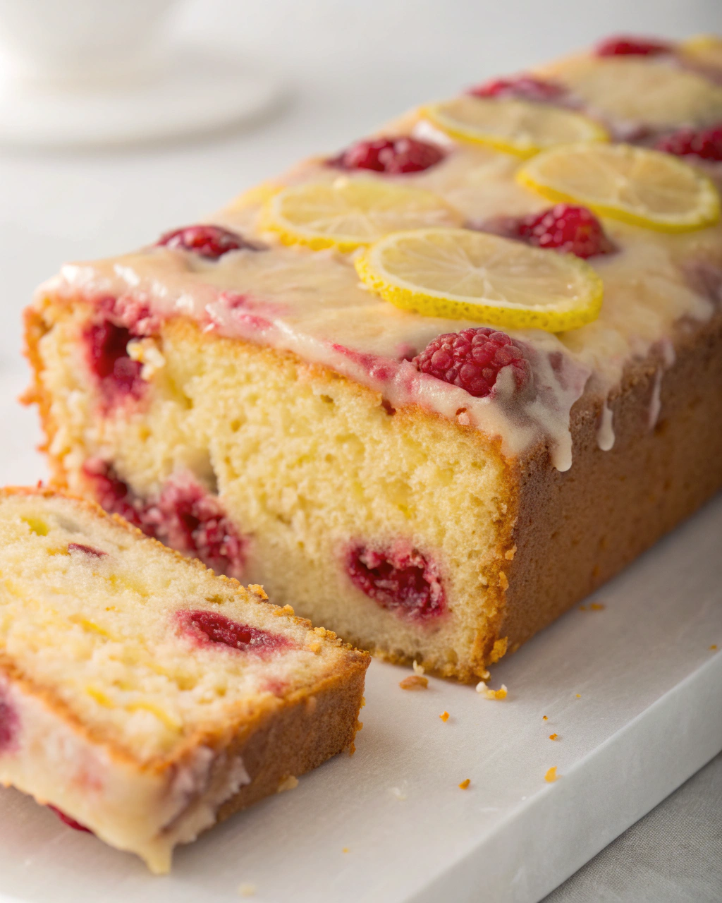 Close-up view of a slice of the Best Lemon Raspberry Loaf Cake showcasing the moist texture.