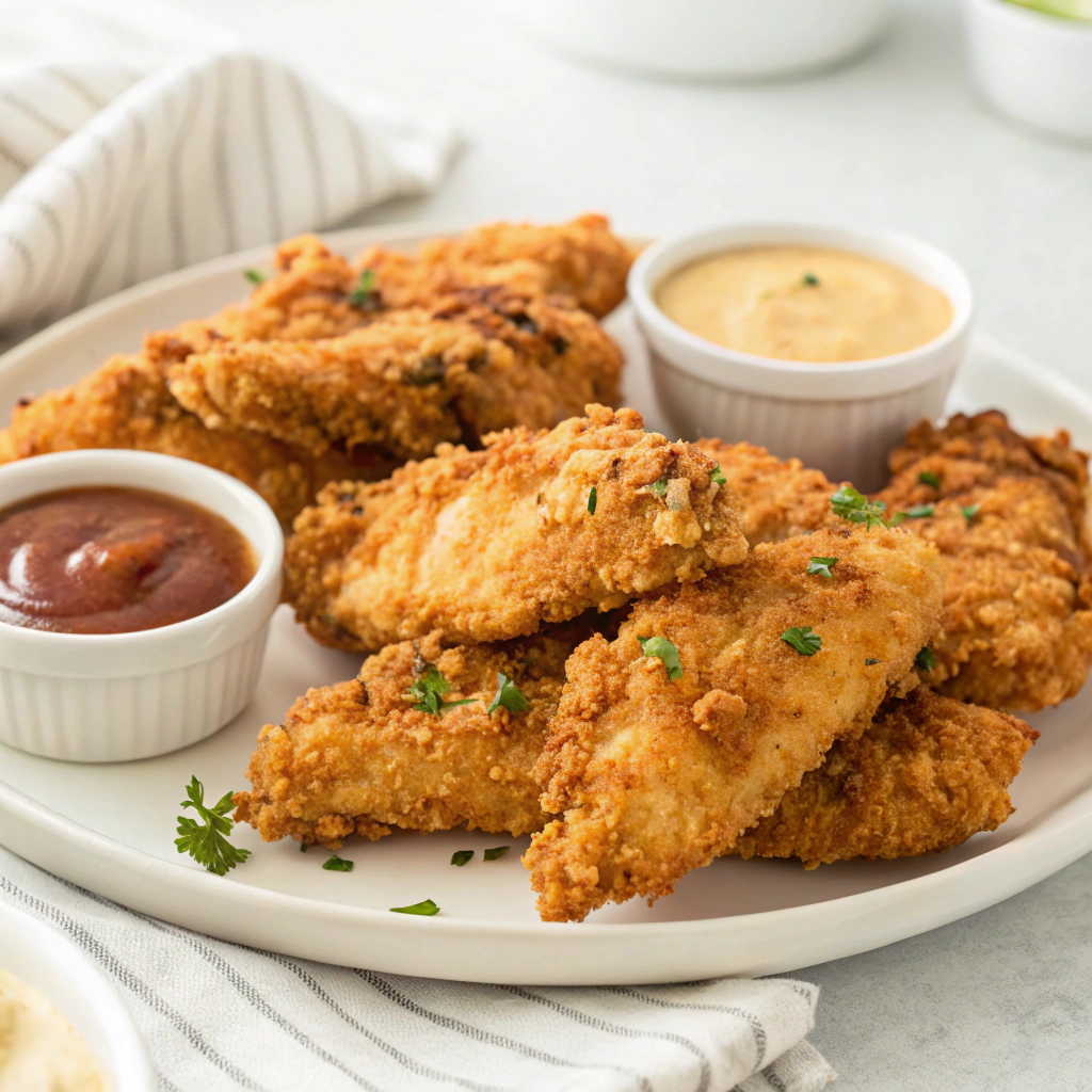 Crispy Air Fryer Chicken Tenders served on a plate with dipping sauces.